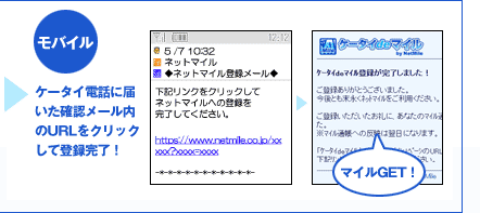 モバイル
ケータイ電話に届いたメール内の
URLをクリックして登録完了!